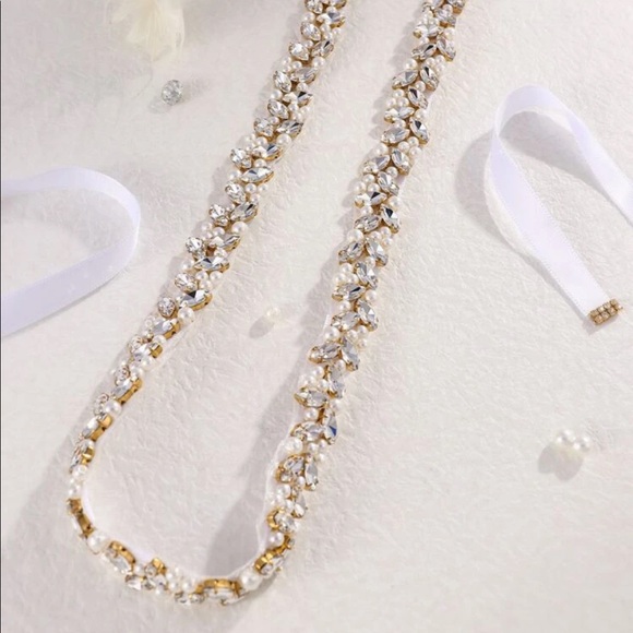 Rhinestone Crystal Belt Bride Wedding Sash White Decor Bridal Gold - Picture 4 of 5